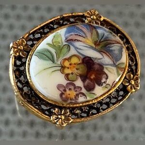 Vintage Hand-Painted Porcelain Brooch | Floral Oval Pin | Gold Filigree Frame